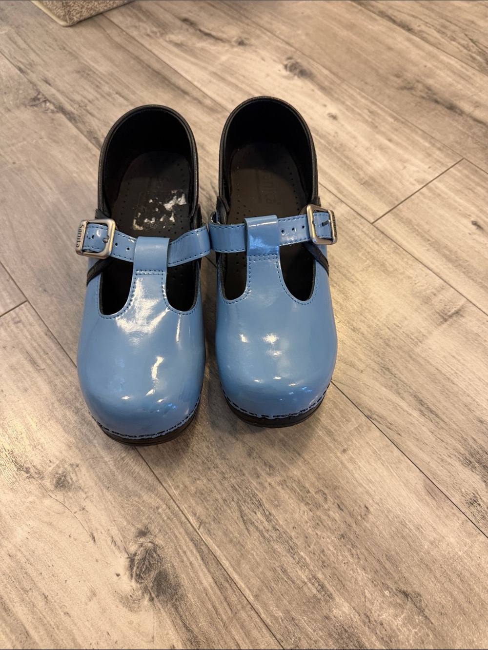 Sanita Light Blue Patent Mary Jane Clogs